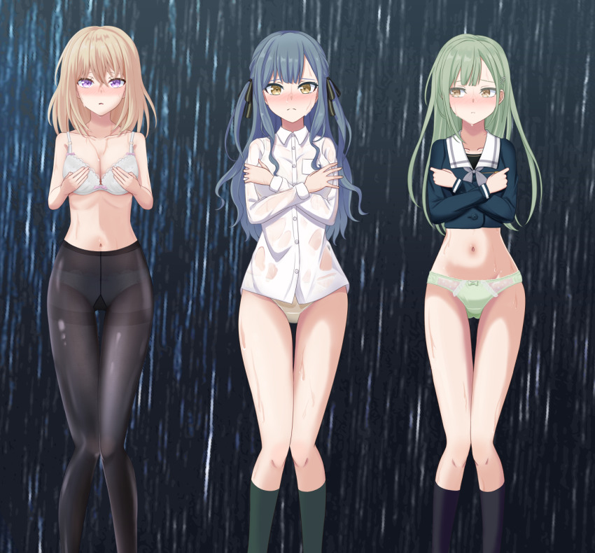 3girls bang_dream! bang_dream!_it&#039;s_mygo!!!!! black_pantyhose black_shirt black_socks blonde_hair blue_hair blush breast_pocket breasts camisole collared_shirt covering_breasts covering_privates feet_out_of_frame frown green_hair hair_between_eyes hair_ornament hair_ribbon hairclip hand_on_own_chest highres kikutogeeeee knees_together_feet_apart long_hair long_sleeves looking_at_viewer looking_to_the_side medium_breasts misumi_uika multiple_girls navel paid_reward_available panties panties_under_pantyhose pantyhose parted_lips pocket purple_eyes rain ribbon shirt skirt socks solo standing togawa_sakiko underwear wakaba_mutsumi wet white_camisole white_panties white_shirt yellow_eyes