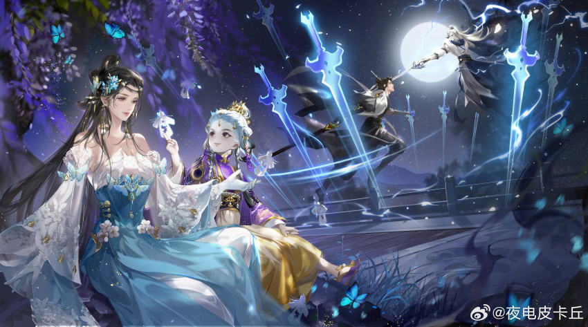 2boys 2girls bare_shoulders battle belt black_belt black_boots black_eyes black_hair black_hanfu black_pants blue_butterfly blue_dress blue_flower blue_scarf boots brown_eyes bug butterfly character_request child chinese_clothes closed_mouth detached_sleeves dress eyelashes floating floating_object floating_sword floating_weapon floral_print flower forehead frilled_sleeves frills full_moon gloves gradient_clothes gradient_skirt grass hair_bun hair_flower hair_ornament hair_rings hanfu high-waist_skirt high_collar highres holding holding_sword holding_weapon insect knee_boots layered_dress light_particles lipstick long_hair long_skirt long_sleeves makeup mandarin_collar moon multiple_boys multiple_girls night night_sky object_floating_above_hand outdoors outstretched_hand pale_skin pants paper_cutout petals pink_lips pleated_skirt purple_flower purple_hanfu purple_shoes robe scarf shoes sidelocks single_hair_bun single_hair_ring sitting skirt sky smile stairs star_(sky) starry_sky strapless strapless_dress sword thick_eyebrows tree under_tree updo very_long_hair weapon white_dress white_flower white_gloves white_hair white_robe white_skirt white_sleeves wide_sleeves wisteria ye_dian_pikaqiu yellow_skirt yi_meng_jianghu