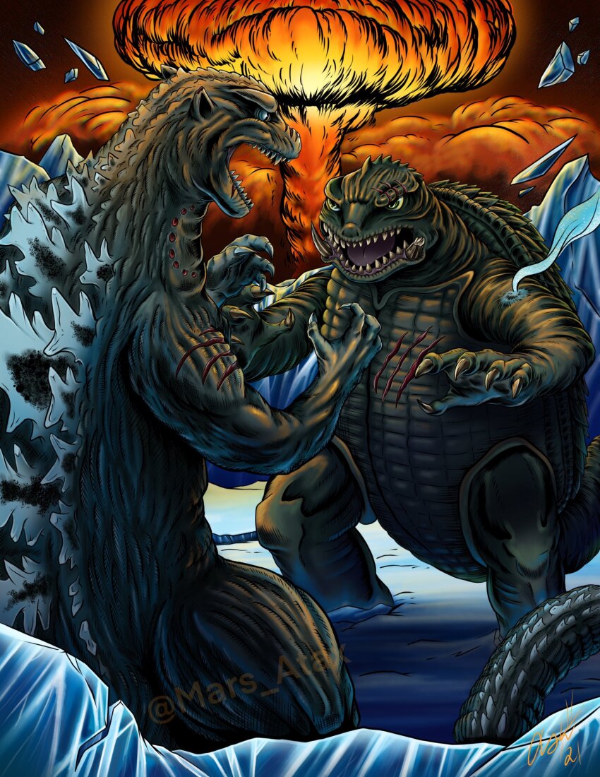 bite_mark bite_mark_on_neck blood blue_eyes broken_tooth claw_mark claws crossover daiei_motion_picture dinosaur ears explosion gamera gamera,_the_giant_monster gamera_(series) giant giant_monster glowing glowing_eyes glowing_spikes godzilla godzilla_(1954) godzilla_(series) green_eyes highres ice injury kaiju mars_atax monster mushroom_cloud no_humans nuclear_explosion open_mouth sea_monster sharp_teeth slit_pupils smoke snow spikes steam tail teeth toho tongue turtle tusks