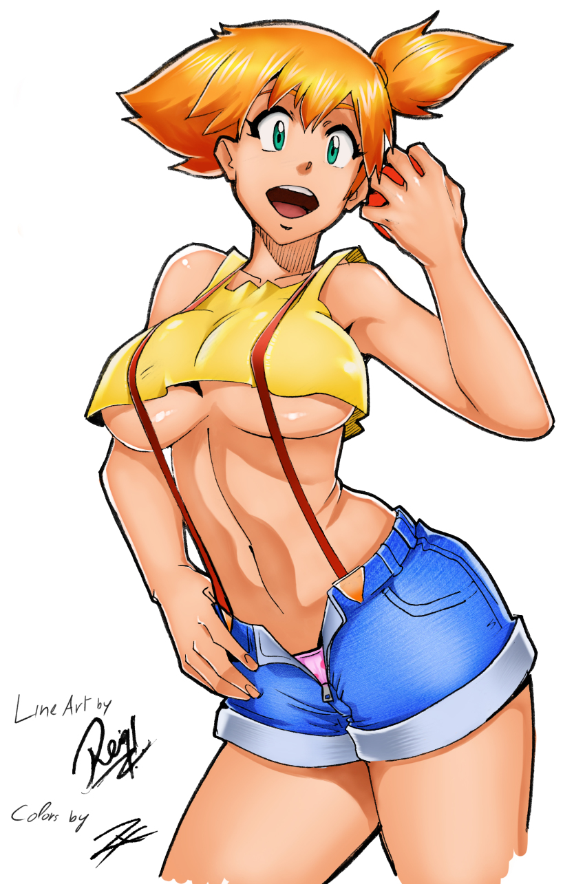 1girl absurdres bare_arms breasts collarbone colorized female_focus green_eyes highres medium_breasts midriff misty_(pokemon) navel nintendo open_mouth orange_hair panties poke_ball pokemon pokemon_(anime) pokemon_(classic_anime) ponytail reiq short_hair short_ponytail short_shorts shorts side_ponytail simple_background solo standing suspender_shorts suspenders underboob underwear white_background