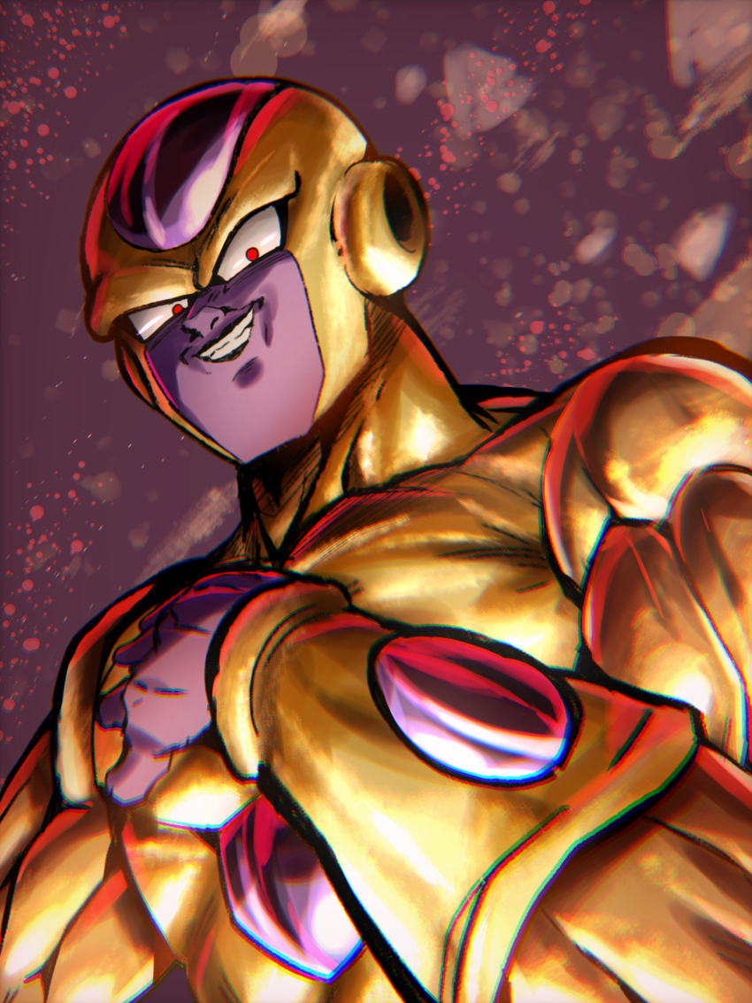 1boy arm_up bald chiro_illust colored_skin commentary_request dragon_ball dragon_ball_super frieza from_below gold_skin golden_frieza highres looking_at_viewer looking_down male_focus muscular muscular_male nose open_mouth purple_background purple_skin red_eyes smirk solo splatter upper_body v-shaped_eyebrows