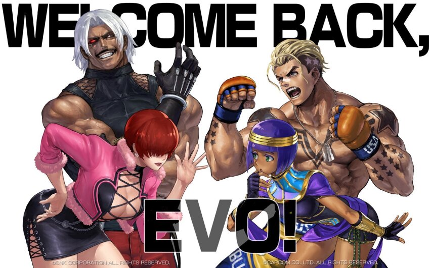 2boys 2girls arm_tattoo blonde_hair breasts capcom capcom_vs_snk center_opening chest_tattoo cleavage clenched_hands commentary company_name covered_eyes cropped_jacket cross-laced_clothes crossover curious dark-skinned_female dark-skinned_male dark_skin dog_tags english_commentary english_text evolution_championship_series facial_hair fingerless_gloves gloves grin hair_over_eyes heterochromia highres large_breasts leather_skirt lipstick looking_at_another luke_sullivan makeup menat miniskirt mma_gloves multiple_boys multiple_girls muscular muscular_male mustache official_art ogura_eisuke omega_rugal open_mouth ponytail purple_hair red_hair red_lips rugal_bernstein second-party_source shermie_(kof) short_hair shorts shoulder_tattoo skirt sleeveless smile snk standing star_tattoo street_fighter street_fighter_v tattoo teeth the_king_of_fighters the_king_of_fighters_xv topless_male undercut white_hair