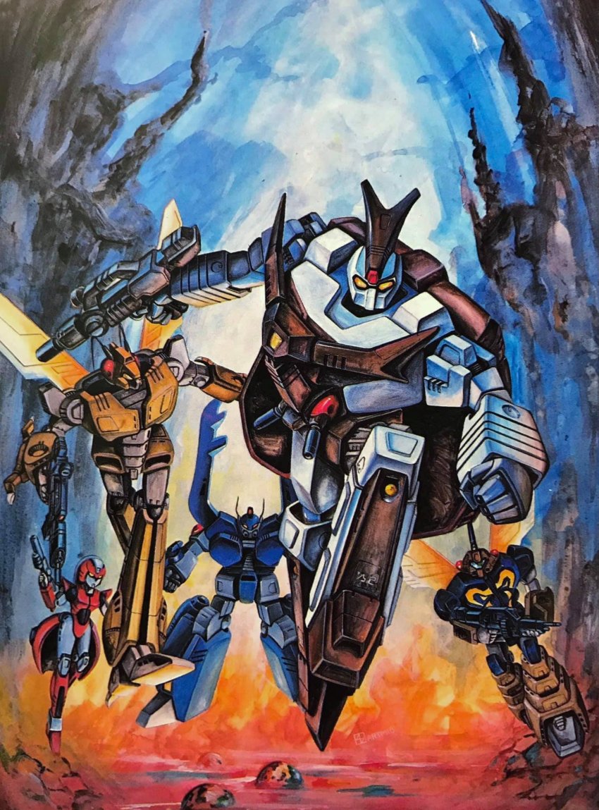 beet-gadol beet-gugal beet-papil beet-vadam beet-zeguna clenched_hand gun highres holding holding_gun holding_weapon insect_wings kikou_chuutai_beetras looking_at_viewer looking_to_the_side mecha no_humans official_art orange_eyes portuguese_commentary robot science_fiction takani_yoshiyuki third-party_source visor weapon wings yellow_eyes