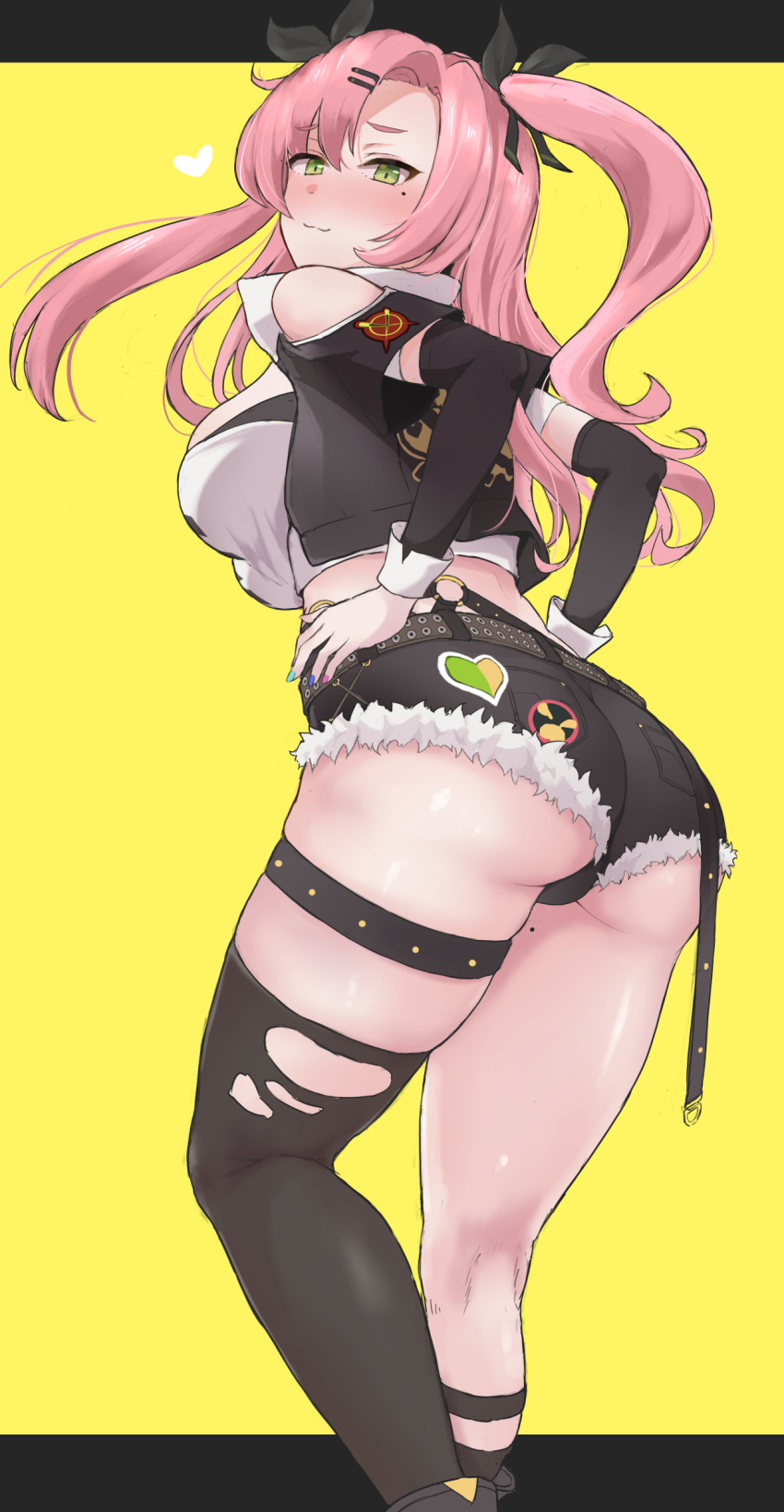 1girl absurdres ass black_jacket black_ribbon black_shorts black_thighhighs blush breasts cropped_jacket detached_sleeves green_eyes hair_ornament hair_ribbon hairclip highres jacket large_breasts long_hair looking_at_viewer looking_back nicole_demara oumi_(rsag) pink_hair ribbon short_shorts short_sleeves shorts single_thighhigh smile solo strapless thighhighs thighs tube_top two_side_up white_tube_top zenless_zone_zero