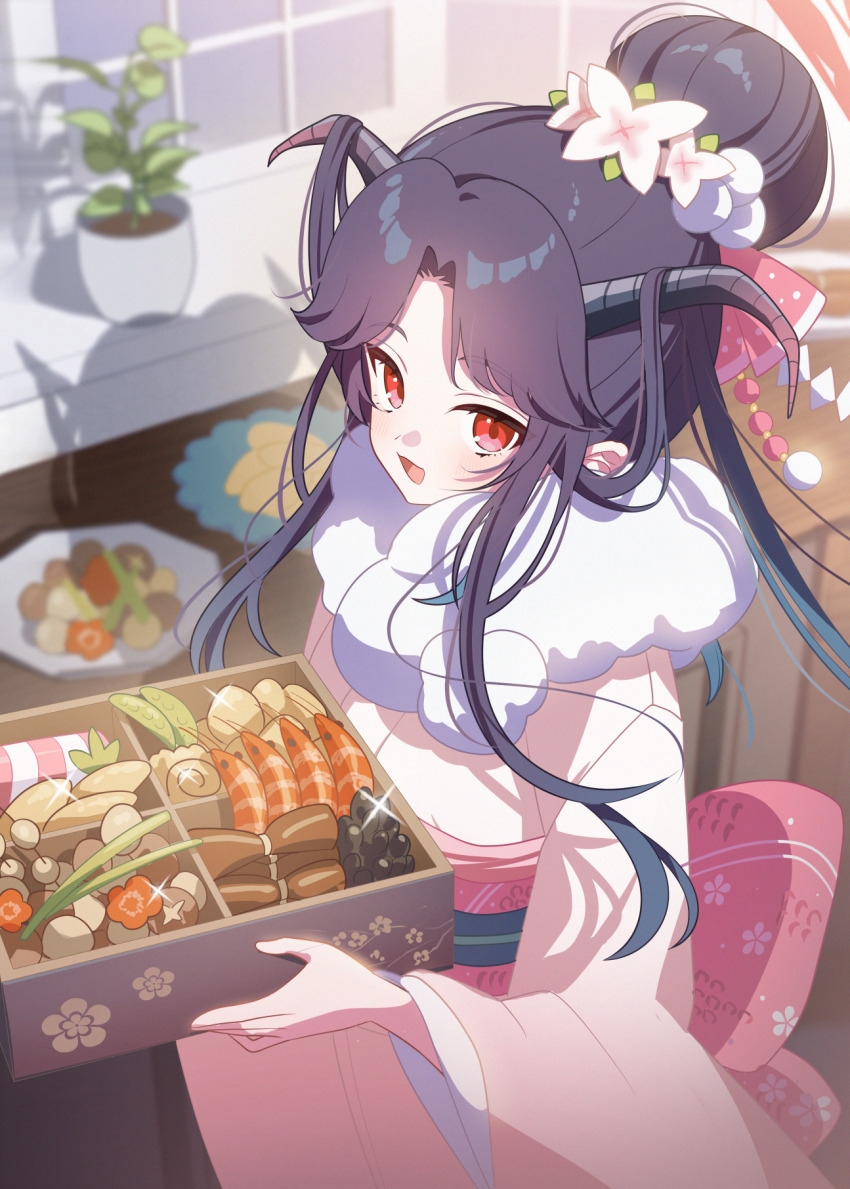 blue_archive blush demon_girl demon_horns forehead fur_trim fuuka_(blue_archive) fuuka_(new_year)_(blue_archive) hair_bun highres holding_bento horns japanese_clothes kaerunrun kimono looking_at_viewer obi official_alternate_costume official_alternate_hairstyle open_mouth parted_bangs pink_kimono pink_sash red_eyes sash sidelocks solo