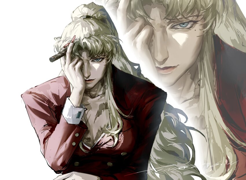 1girl balalaika_(black_lagoon) black_lagoon blonde_hair breasts buttons cigar cleavage closed_mouth collarbone fingernails formal_clothes hand_over_eye hand_over_face hand_up highres holding holding_cigar large_breasts long_fingernails long_hair long_sleeves looking_at_viewer multiple_views ponytail puffy_long_sleeves puffy_sleeves red_suit scar serious solo suit upper_body white_background white_sleeves xiaobaishu41