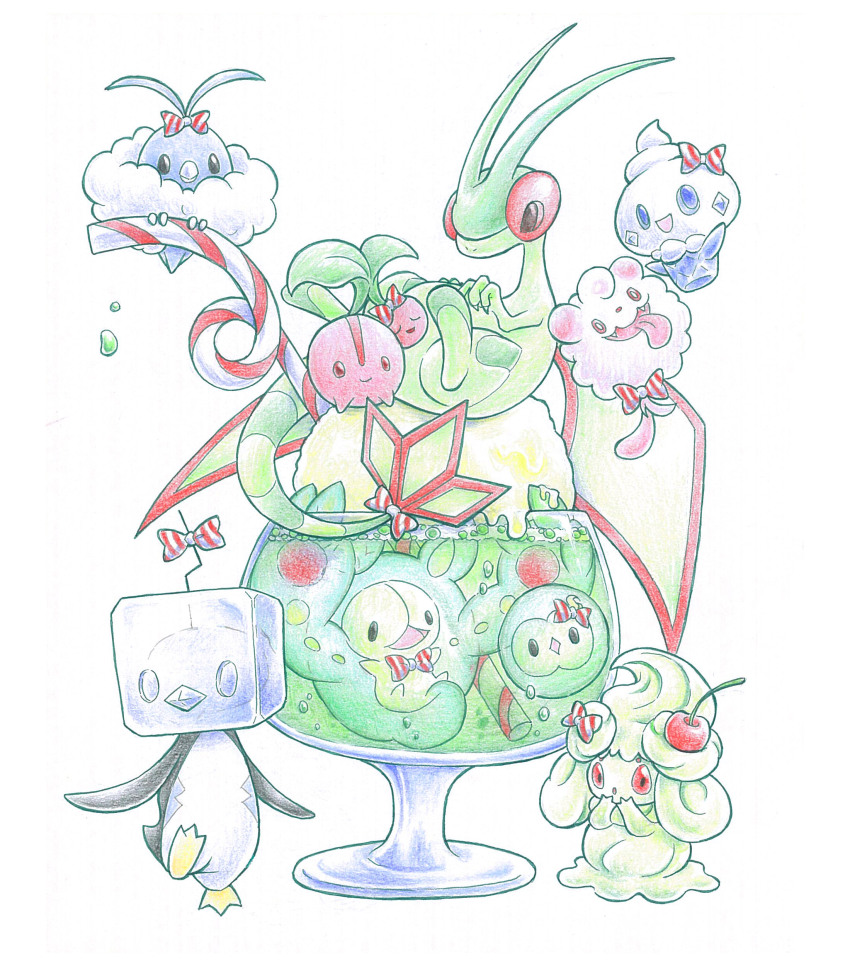 1girl absurdres alcremie alcremie_(matcha_cream) alcremie_(other_sweet) animal_focus bird cherry cherry_hair_ornament cherubi colored_pencil_(medium) commentary_request cup dragon eiscue eiscue_(ice) flygon food food-themed_hair_ornament fruit gen_3_pokemon gen_4_pokemon gen_5_pokemon gen_6_pokemon gen_8_pokemon hair_ornament highres ice ice_cream ice_cream_float ice_cube kokyuuki_(6345) melon_soda nintendo penguin pokemon pokemon_(creature) reuniclus simple_background slime_(creature) swablu swirlix traditional_media vanillite white_background wings