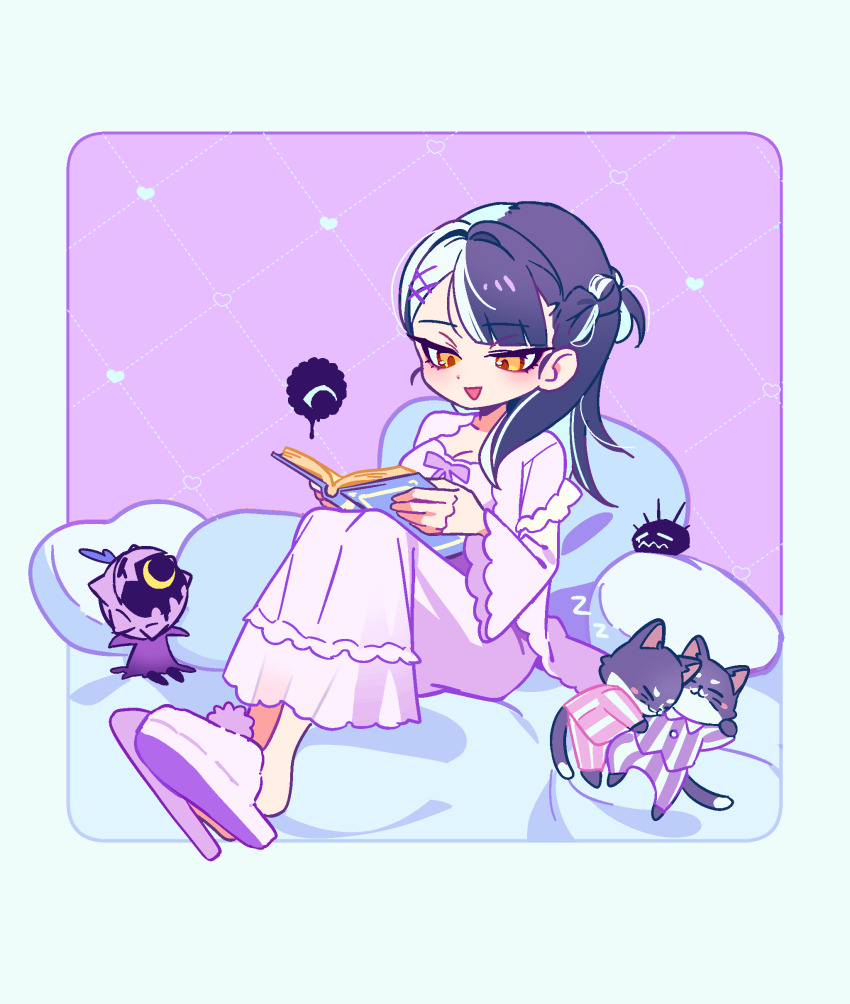 1girl absurdres black_hair book breasts cat cleavage cushion grey_hair highres holding holding_book hololive hololive_english long_hair multicolored_hair nightgown novelites_(shiori_novella) nyakuza_(shiori_novella) open_book open_mouth pink_nightgown reading shiori_novella sleeping slippers split-color_hair virtual_youtuber yellow_eyes yorick_(shiori_novella) yunare zzz