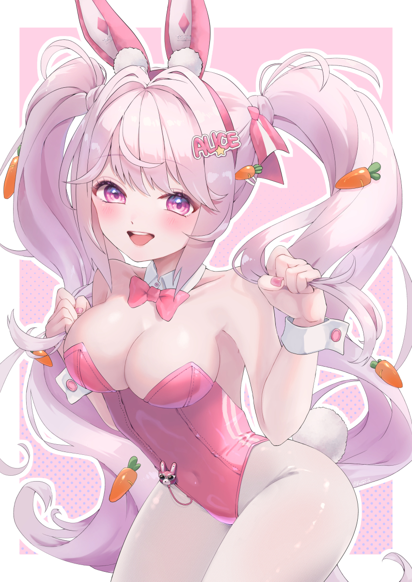 1girl absurdres alice_(nikke) alice_(wonderland_bunny)_(nikke) animal_ears bow bowtie breasts carrot_hair_ornament detached_collar fake_animal_ears food-themed_hair_ornament goddess_of_victory:_nikke hair_ornament highres leotard long_hair medium_breasts pantyhose pink_bow pink_bowtie pink_eyes pink_hair pink_leotard playboy_bunny rabbit_ears shi4_cos strapless strapless_leotard twintails white_pantyhose wrist_cuffs