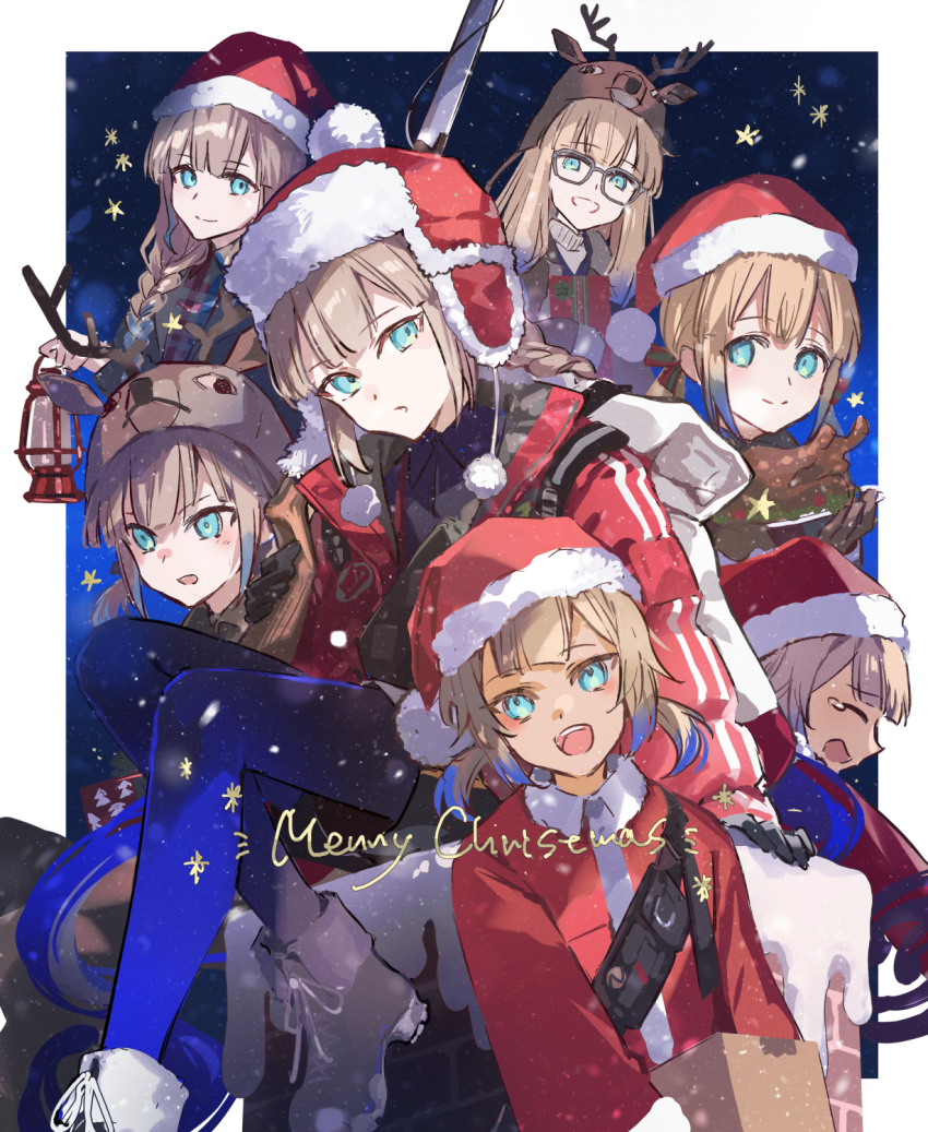 1boy 5others baker_nemo_(fate) baker_nemo_(santa)_(fate) black_gloves blue_hair blue_leggings blue_pantyhose box braid captain_nemo_(fate) captain_nemo_(santa)_(fate) cardboard_box chimney down_jacket engineer_nemo_(fate) engineer_nemo_(santa)_(fate) fate/grand_order fate_(series) fur-trimmed_headwear fur_hat fur_trim glasses gloves gradient_hair hat highres holding holding_box holding_lantern jacket lantern leggings long_hair long_sleeves marine_nemo_(fate) marine_nemo_(santa)_(fate) merry_christmas multicolored_hair multiple_others nemo_(fate) nurse_nemo_(fate) nurse_nemo_(santa)_(fate) open_clothes open_jacket package pantyhose poppoman professor_nemo_(fate) professor_nemo_(santa)_(fate) red_jacket reindeer_hat round_eyewear santa_hat shirt sleeves_past_fingers sleeves_past_wrists ushanka very_long_sleeves