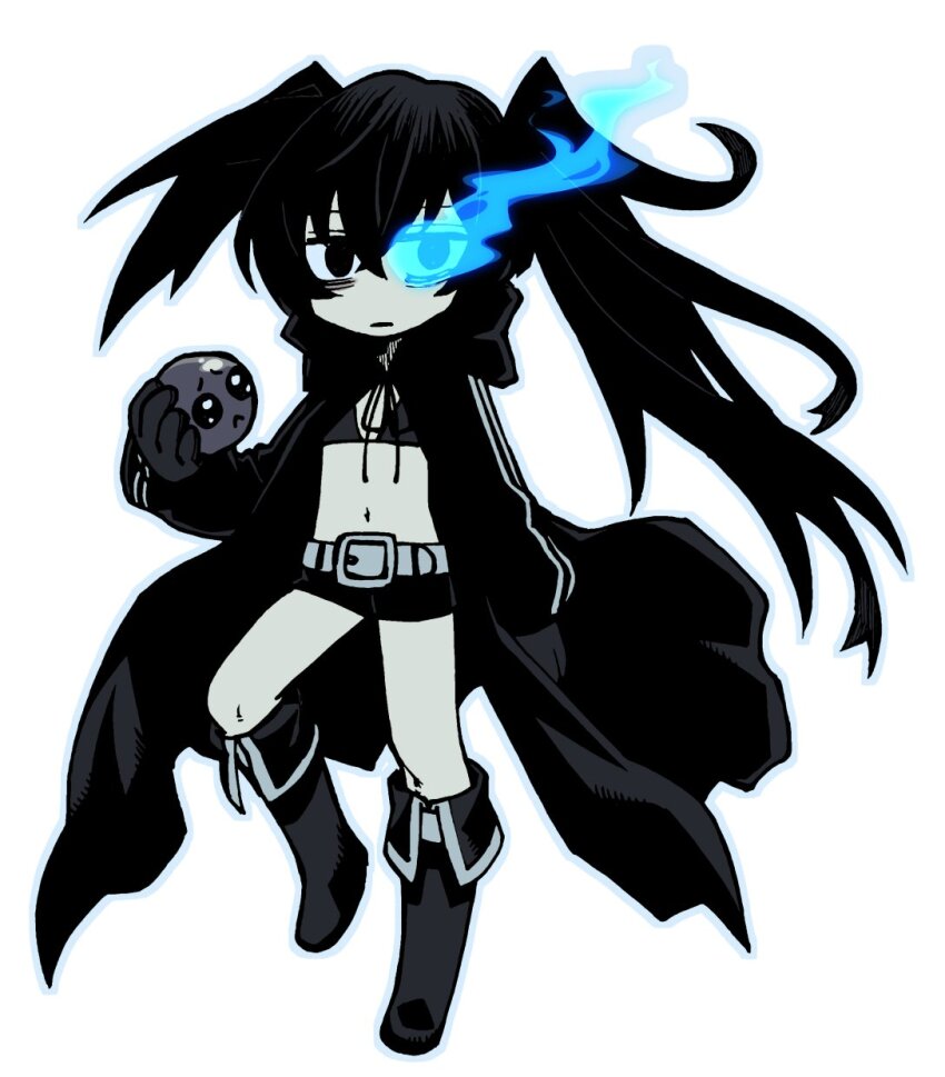 1boy bikini black_bikini black_boots black_coat black_gloves black_rock_shooter black_rock_shooter_(character) black_rock_shooter_(character)_(cosplay) black_shorts boots coat cosplay crossdressing crossdressing_(mtf) emoji gloves highres limbus_company long_hair long_sleeves pleading_face_emoji project_moon shorts solo swimsuit touma_rui very_long_hair yi_sang_(project_moon)