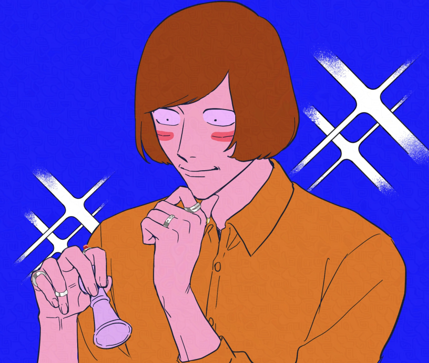 1boy black_eyes blue_background blue_hair chess_piece commentary_request extra_eyes harunoseki0414 highres holding holding_chess_piece jewelry luther_von_ivory male_focus multiple_rings orange_shirt randal&#039;s_friends ring shirt short_hair solo sparkle sparkling_aura upper_body