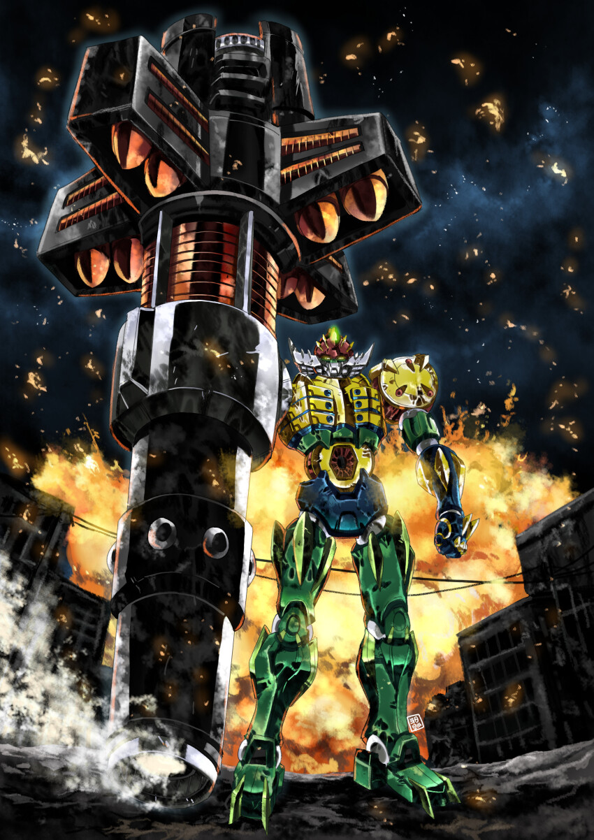 absurdres armor full_armor garimpeiro gattai highres koutetsushin_jeeg mecha mecha_focus no no_humans robot rocket_punch solo standing super_robot