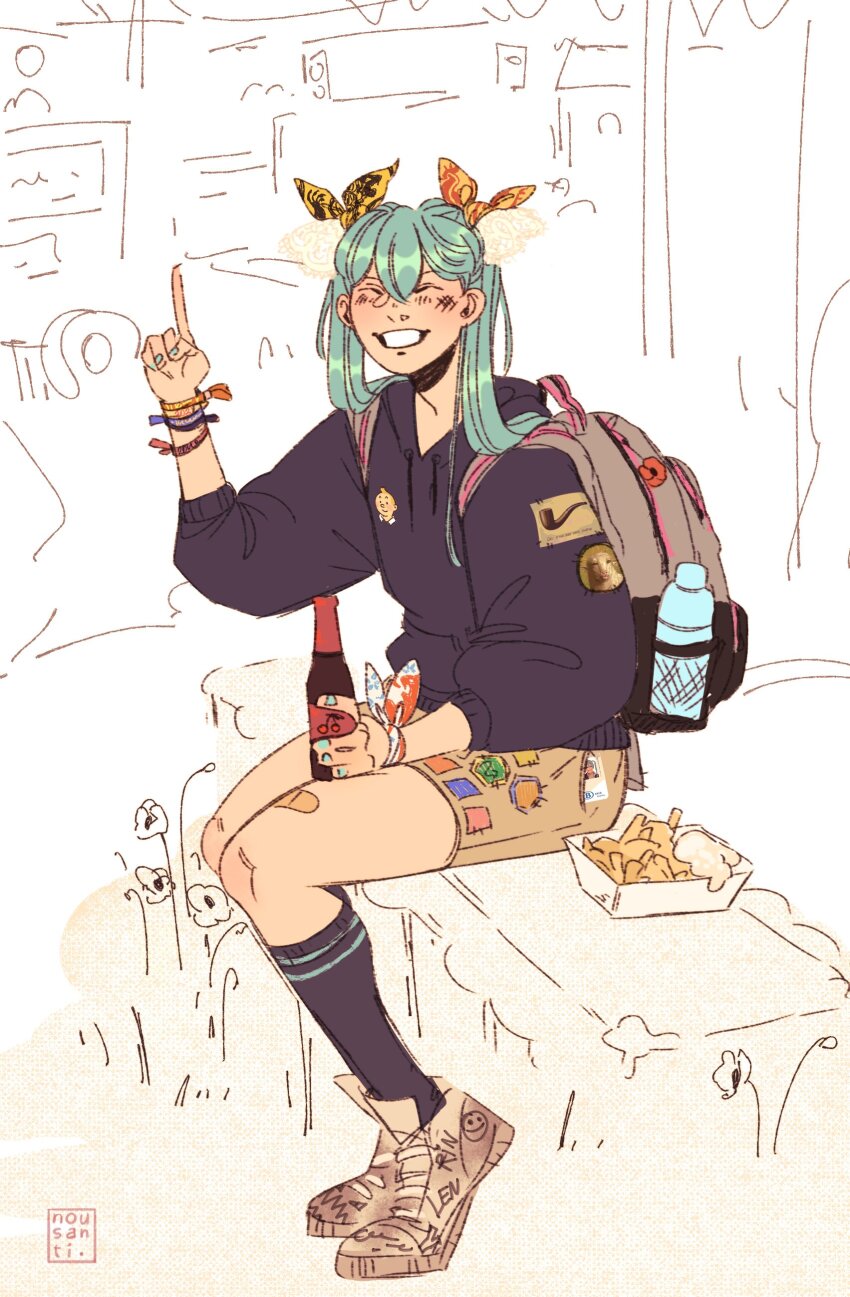 1girl absurdres aqua_hair aqua_nails artist_name backpack bag bandaid bandaid_on_leg beer_bottle belgium black_socks bottle brown_bag brown_shoes brown_skirt closed_mouth commentary english_commentary facing_viewer food french_fries full_body grass hair_between_eyes hair_ribbon hatsune_miku highres holding holding_bottle index_finger_raised kneehighs long_hair long_sleeves luka_(nousanti) mayonnaise nail_polish open_mouth outdoors ribbon shoes sitting skirt socks solo sweater teeth tintin tintin_(character) twintails vocaloid worldwide_miku yellow_ribbon