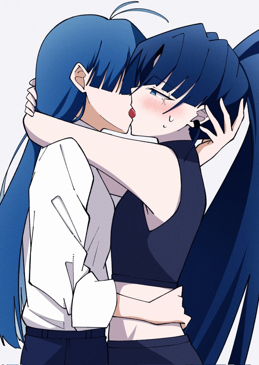 2girls ado_(utaite) ahoge blue_eyes blue_hair blue_pants commentary_request corrupted_twitter_file crop_top french_kiss grey_background highres hug kiss merry_(ado) multiple_girls naima_(ado) nori_(norinori_yrl) pants ponytail readymade_(ado) shirt simple_background sleeveless three-quarter_sleeves sweatdrop usseewa white_shirt yuri