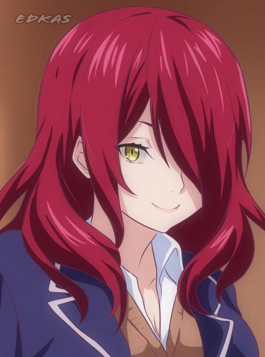 1girl breasts cleavage close-up closed_mouth edkas female_focus highres kobayashi_rindou lips one_eye_covered red_hair school_uniform shokugeki_no_souma smile source_request yellow_eyes