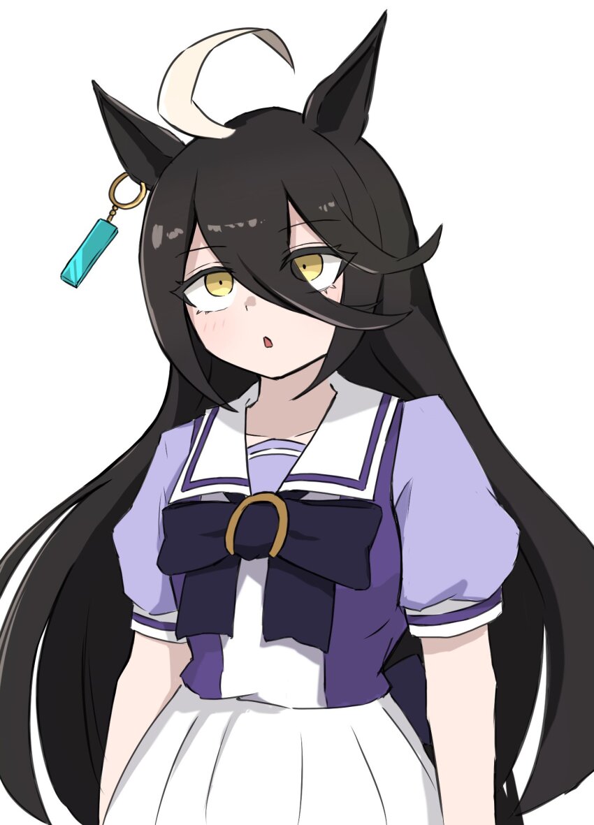 1girl ahoge animal_ears black_hair bow breasts chestnut_mouth commentary_request earrings hair_between_eyes highres horse_ears horse_girl horse_tail jewelry manhattan_cafe_(umamusume) miya_nns35 multicolored_hair pleated_skirt puffy_short_sleeves puffy_sleeves purple_bow purple_shirt school_uniform shirt short_sleeves simple_background single_earring skirt small_breasts solo streaked_hair summer_uniform tail tracen_school_uniform umamusume upper_body white_background white_hair white_skirt yellow_eyes