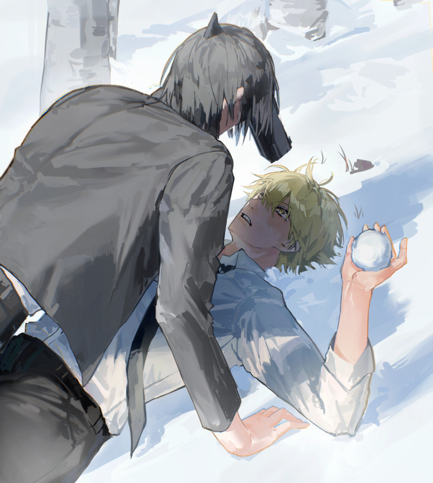 2boys black_hair black_necktie black_pants blonde_hair chainsaw_man collared_shirt daham denji_(chainsaw_man) gun_devil_(chainsaw_man) hayakawa_aki highres holding holding_snowball implied_yaoi long_sleeves looking_at_another multiple_boys necktie on_ground open_mouth pants shirt short_hair three-quarter_sleeves snow snowball teeth upper_teeth_only white_shirt yellow_eyes
