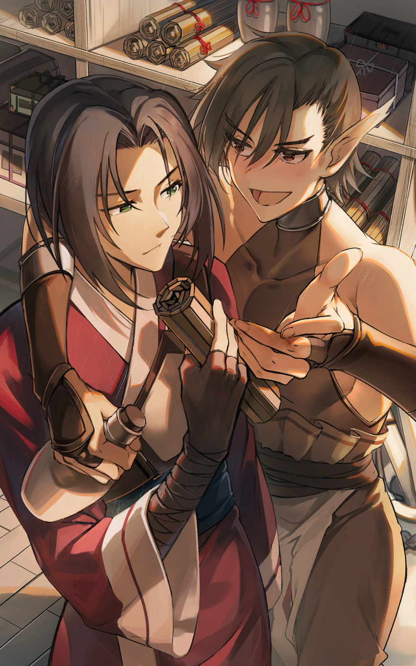2boys aquaplus baisi_shaonian benawi blush bottle closed_mouth green_eyes highres holding holding_bottle indoors long_sleeves looking_at_another multiple_boys muscular muscular_male oboro_(utawarerumono) official_art open_mouth pointy_ears red_eyes scroll shelf short_hair sidelocks sleeveless utawarerumono utawarerumono:_lost_flag