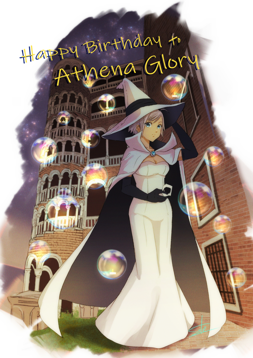 1girl architecture aria_(manga) arm_up athena_glory black_gloves blue_eyes breasts building cape cleavage closed_mouth dress elbow_gloves full_body gloves happy_birthday hat highres holding long_dress medium_breasts official_alternate_costume purple_hair purple_sky short_hair signature sky soap_bubbles solo star_(sky) starry_sky telaform white_cape white_dress witch_hat