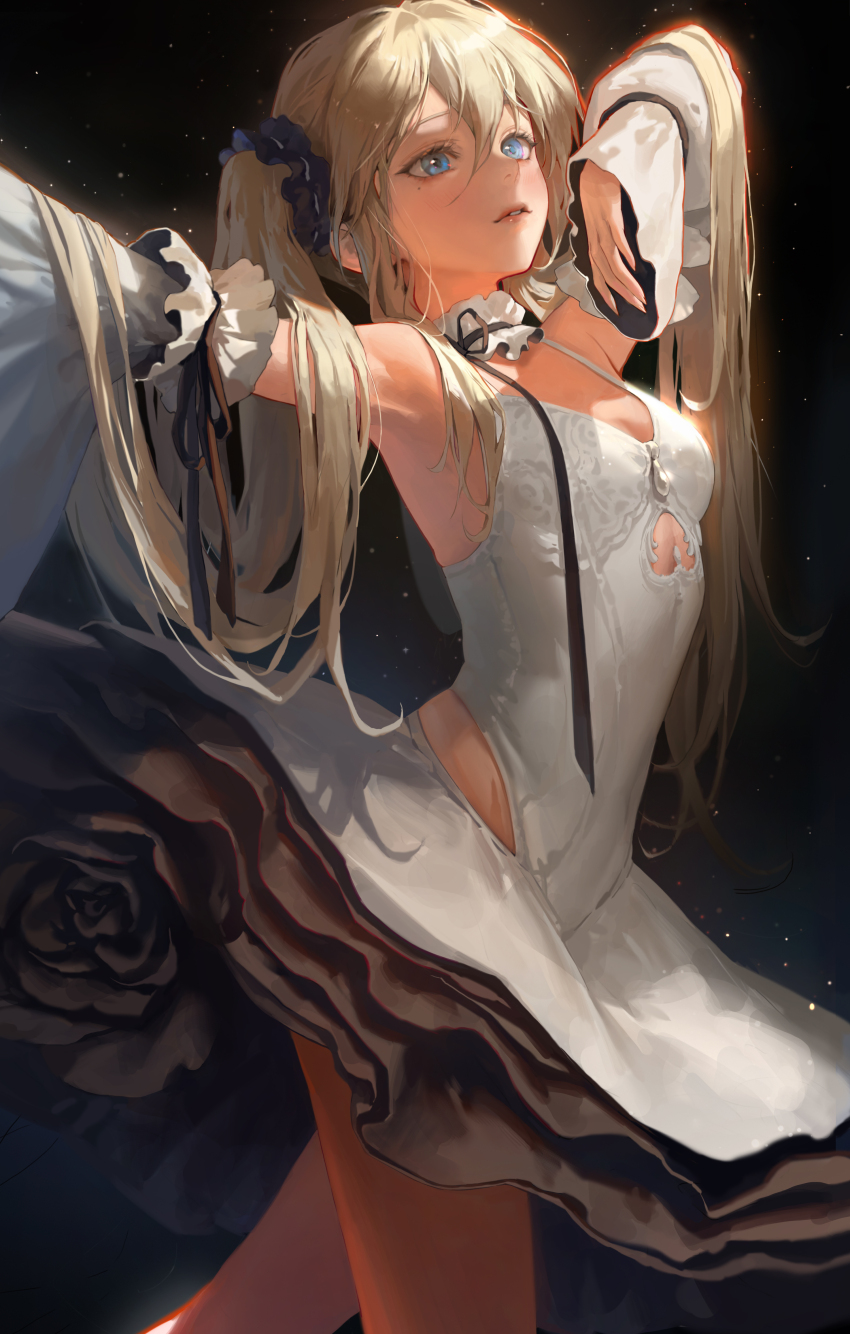 1girl absurdres armpits arms_up ballerina ballet bangsom black_ribbon blonde_hair blue_eyes blue_scrunchie breasts clothing_cutout collar cowboy_shot dancing detached_collar detached_sleeves dress frilled_collar frills hair_between_eyes hair_ornament hair_scrunchie highres layered_dress long_hair looking_up mole mole_under_eye original parted_lips ribbon scrunchie small_breasts stomach_cutout tutu twintails very_long_hair white_dress wide_sleeves