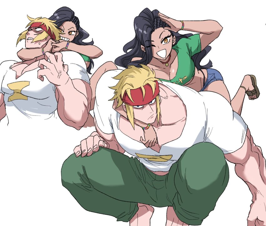 1boy 1girl alex_(street_fighter) barefoot black_hair blonde_hair brazil breasts brown_eyes choker cleavage clenched_hand clenched_teeth green_pants green_shirt hair_over_one_eye headband ilo_a5 jewelry laura_matsuda long_hair muscular muscular_male necklace one_eye_closed pants pectorals red_headband sandals shirt short_hair short_shorts shorts squatting strangling street_fighter street_fighter_v teeth thong white_background white_shirt wink wrestling wristband