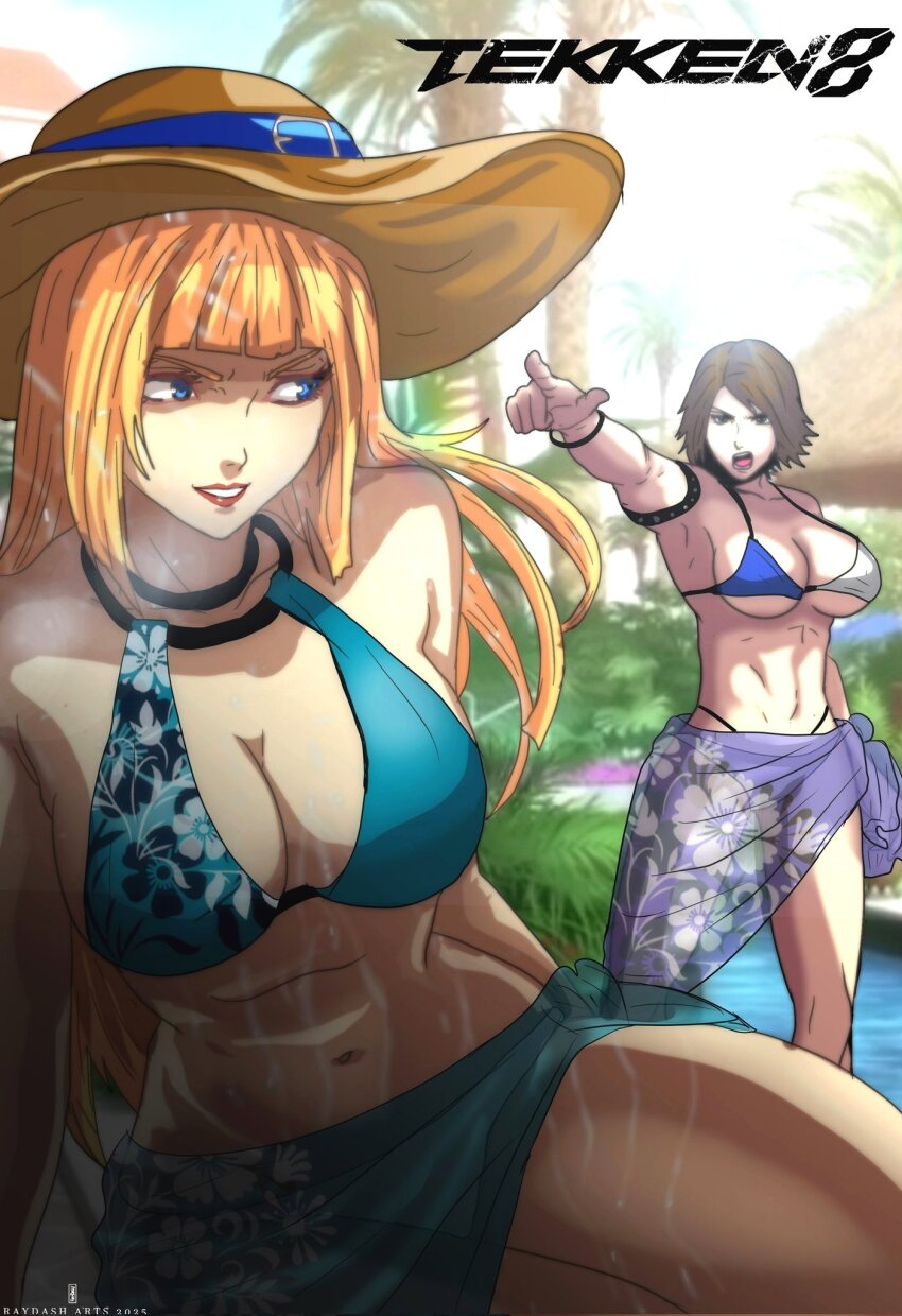 2girls aqua_sarong blonde_hair blue_eyes blunt_bangs breasts brown_hair cleavage copyright_name emilie_de_rochefort floral_print hat highres hime_cut kazama_asuka looking_at_another multiple_girls pointing pool print_sarong purple_sarong raydash30 sarong smile sun_hat swimsuit tekken tekken_8 wet