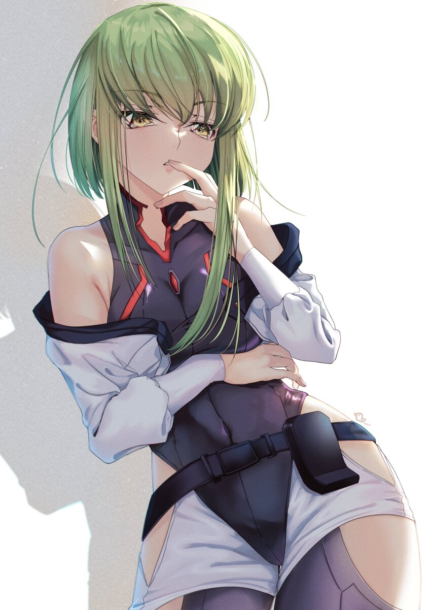 1girl absurdres arm_under_breasts bare_shoulders black_leotard breasts budgiepon c.c. code_geass collared_leotard cosplay cowboy_shot cropped_jacket finger_to_mouth green_hair halter_leotard halterneck heattech_leotard highleg highleg_leotard highres hip_vent jacket leotard long_hair long_sleeves looking_at_viewer lucy_(cyberpunk) lucy_(cyberpunk)_(cosplay) medium_breasts off-shoulder_jacket off_shoulder shadow sleeveless_turtleneck_leotard solo standing turtleneck yellow_eyes