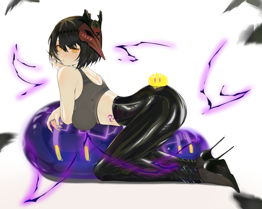 1girl absurdres ass bare_shoulders black_feathers black_footwear black_hair blush brashear_lushert breasts closed_mouth crop_top electricity electro_slime_(genshin_impact) feathers fingernails from_side full_body genshin_impact hair_between_eyes hair_ornament high_heels highres kujou_sara large_breasts looking_at_viewer looking_back mask mask_on_head medium_breasts nail_art nail_polish pants purple_nails short_hair sideboob simple_background sleeveless slime_(creature) slime_(genshin_impact) solo sports_bra stiletto_heels tattoo white_background yellow_eyes
