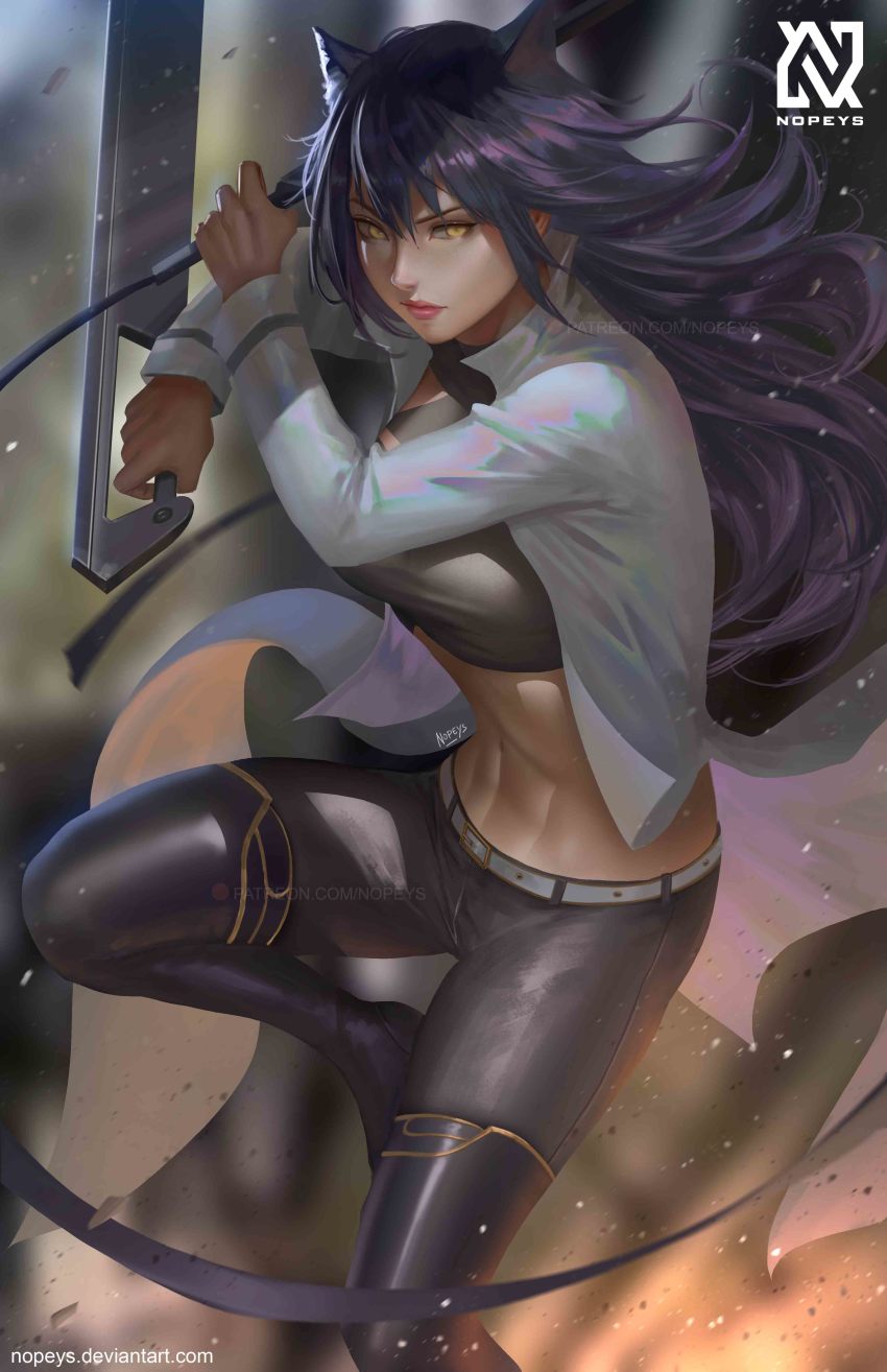 1girl absurdres animal_ears black_hair black_pants blake_belladonna blurry blurry_background boots cat_ears closed_mouth coat combination_weapon crop_top floating_hair gambol_shroud highres holding holding_sword holding_weapon long_hair midriff navel nopeys open_clothes open_coat pants pistol_sword rwby solo sword thigh_boots thighhighs very_long_hair watermark weapon web_address yellow_eyes