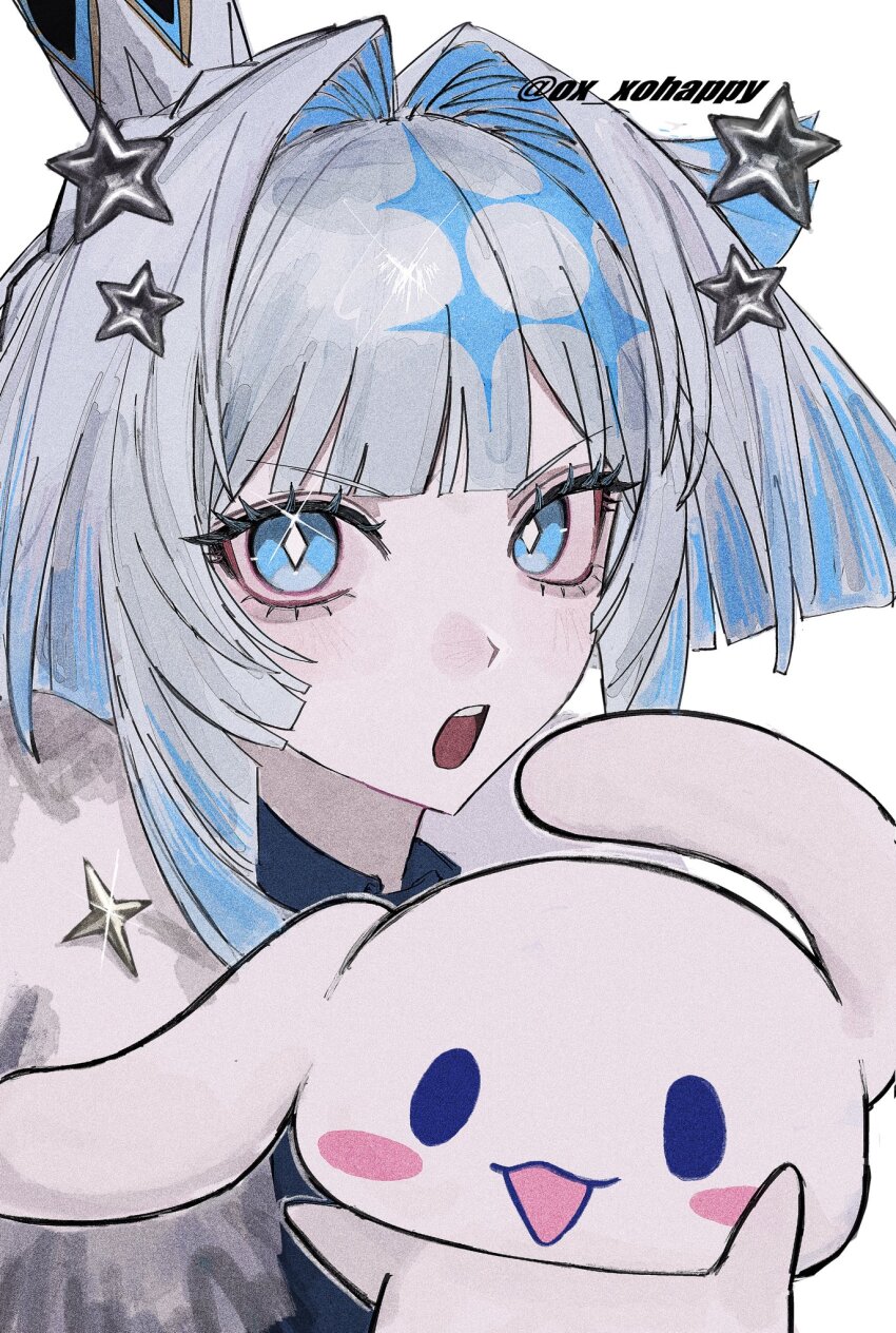 1girl animal animal_ears artist_name blue_eyes blue_hair blush_stickers cerydra_(honkai:_star_rail) crown diamond-shaped_pupils diamond_(shape) fur_trim grey_hair highres honkai:_star_rail honkai_(series) looking_at_viewer multicolored_hair open_mouth ox_xohappy rabbit rabbit_ears simple_background smile sparkle star_(symbol) star_ornament symbol-shaped_pupils teeth two-tone_hair upper_body white_background