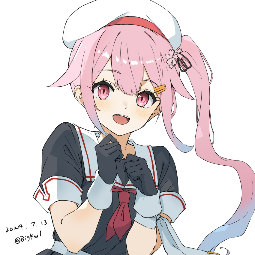 1girl absurdres beret bigkwl black_gloves black_serafuku black_shirt blue_hair dated gloves gradient_hair hair_flaps harusame_(kancolle) harusame_kai_ni_(kancolle) hat highres kantai_collection long_hair multicolored_hair neckerchief one-hour_drawing_challenge pink_eyes pink_hair red_neckerchief sailor_collar sailor_shirt school_uniform serafuku shirt side_ponytail simple_background smile solo twitter_username upper_body white_background white_hat white_sailor_collar