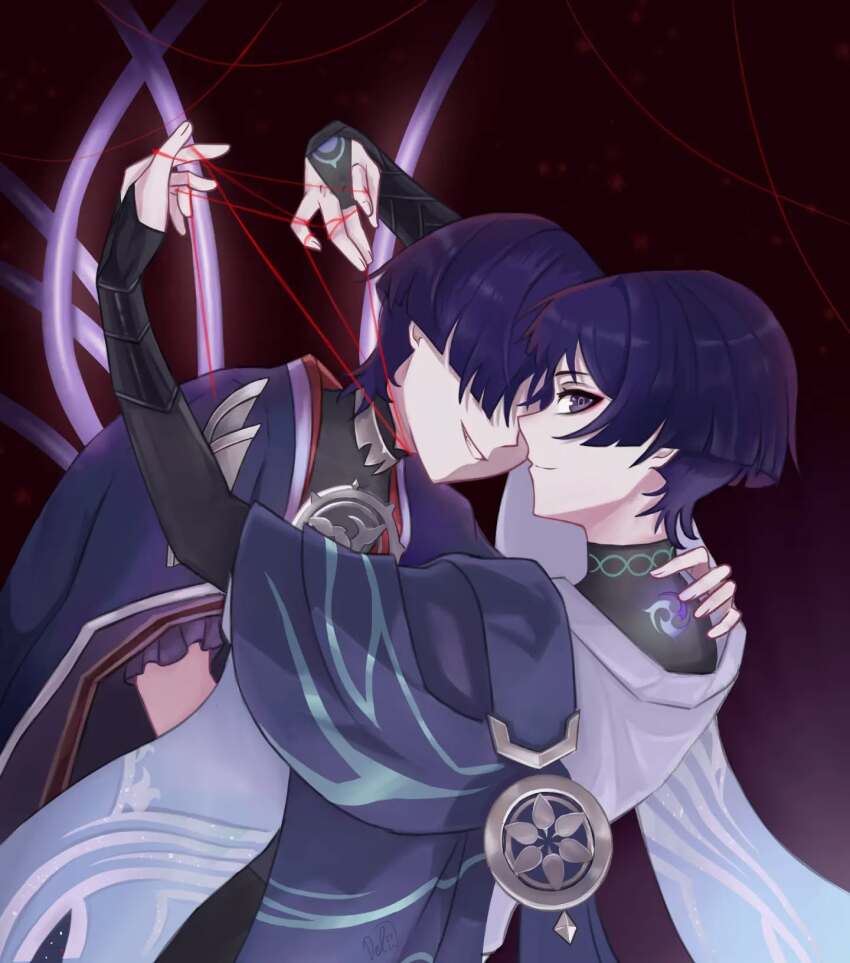 2boys animal_print armor arms_up bird_print birthmark black_bodysuit black_bridal_gauntlets black_kimono black_sleeves blue_cape blue_trim blunt_ends bodysuit bridal_gauntlets cable cape delisha_lia dual_persona electro_symbol_(genshin_impact) facing_another fingernails frilled_sleeves frills furisode genshin_impact gold grin hair_over_eyes hand_on_another&#039;s_nape highres japanese_armor japanese_clothes jewelry juban kimono kote kurokote layered_sleeves looking_at_viewer mandarin_collar mitsudomoe_(shape) multiple_boys neck_ring purple_eyes purple_hair purple_sleeves red_background red_kimono red_trim scaramouche_(genshin_impact) short_sleeves sideways_mouth signature smile string teeth tomoe_(symbol) wanderer_(genshin_impact) white_kimono