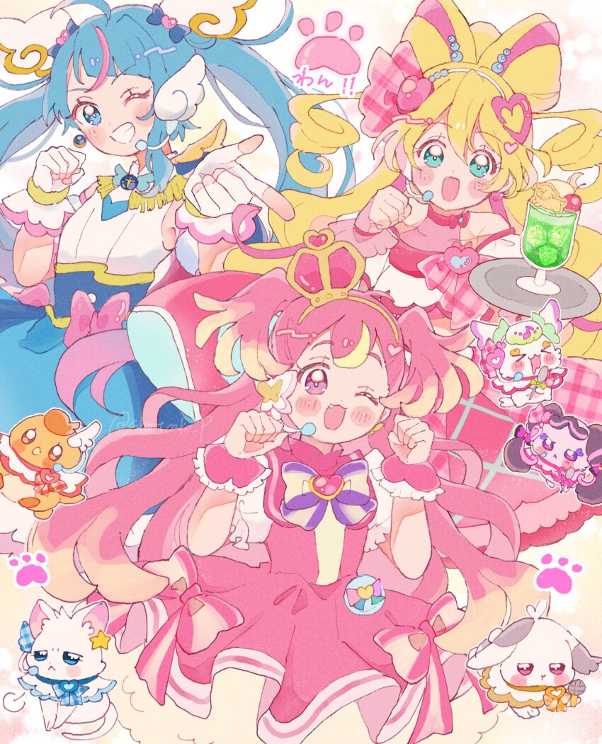 3girls :d ;d bare_shoulders blonde_hair blue_eyes blue_skirt bow bowtie commentary_request crown cup cure_idol cure_sky cure_wonderful dress drinking_glass frilled_sleeves frills grin hair_ornament headset heart heart_hair_ornament highres hirogaru_sky!_precure holding holding_tray inukai_komugi kimi_to_idol_precure long_hair melon_soda multicolored_hair multiple_girls one_eye_closed open_mouth pink_dress pink_hair precure purple_bow purple_bowtie sakura_uta_(precure) shirt short_sleeves shortcake_p skirt smile sora_harewataru streaked_hair striped_bow striped_bowtie striped_clothes tray twintails two_side_up white_shirt wing_hair_ornament wonderful_precure! yellow_crown