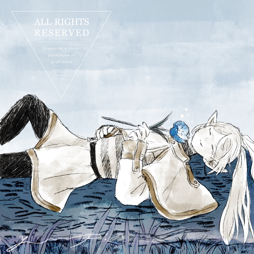 1girl belt black_belt black_pantyhose blue_flower capelet closed_eyes closed_mouth commentary_request cowboy_shot elf flower frieren highres holding holding_flower knee_up kochyan52jp long_hair long_sleeves lying on_back pantyhose pointy_ears shirt skirt sleeping solo sousou_no_frieren striped_clothes striped_shirt watermark white_capelet white_hair white_skirt