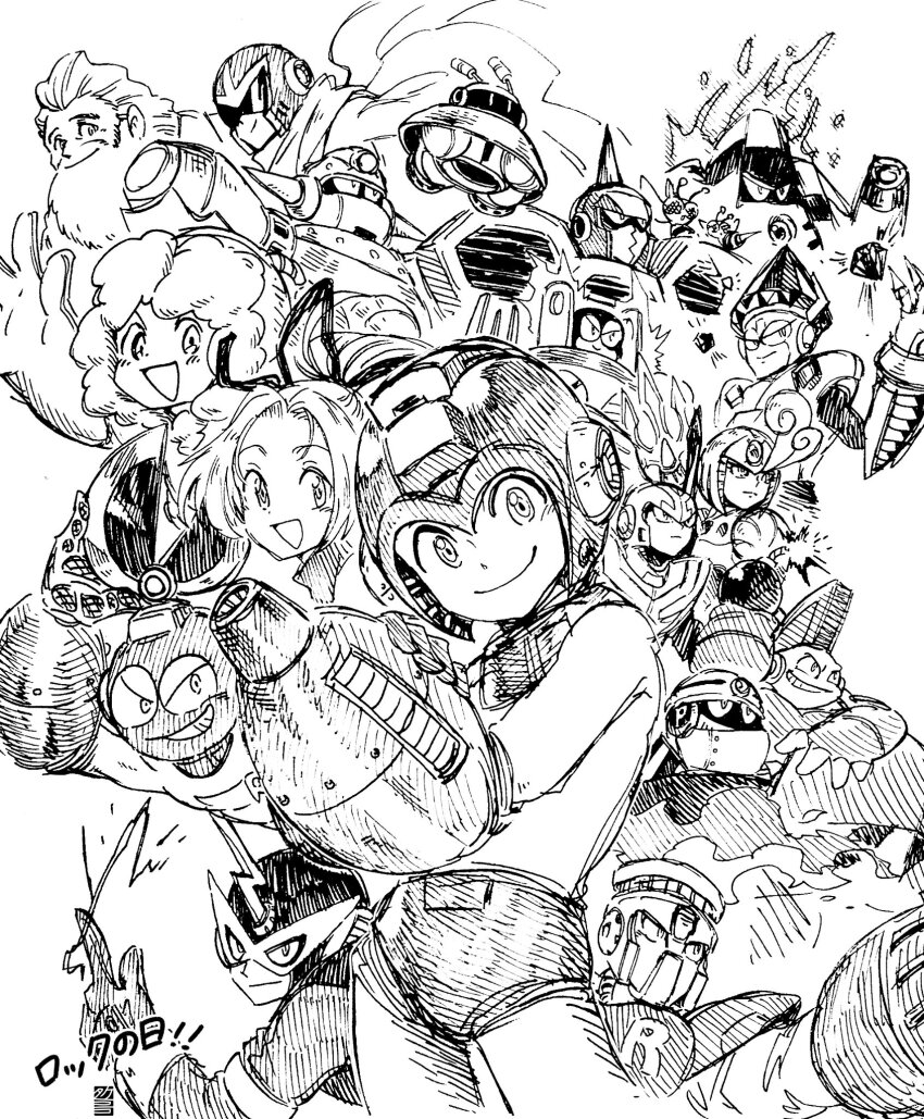 2girls 6+boys android arm_cannon beard bodysuit bomb bomb_man bow claws closed_mouth commentary concrete_man cut_man domino_mask dr._light_(mega_man) elec_man electricity everyone explosive facial_hair fake_horns fire fire_man flaming_head galaxy_man gem gem_on_head grin guts_man hair_bow hard_hat hat helmet highres holding holding_bomb hood hood_up horned_helmet hornet_man horns humanoid_robot ice_man jewel_man lightning_bolt_symbol lit_fuse looking_at_viewer magma_man mask arm_cannon mega_man_(character) mega_man_(classic) mega_man_(series) mega_man_1 mega_man_9 mega_man_megamix mohawk monochrome multiple_boys multiple_girls mustache old old_man open_mouth plug plug_man polearm proto_man robot robot_girl roll_(mega_man) scarf scissors seal_impression short_hair single_horn smile snapping_fingers splash_woman sunglasses takenokonoko tornado_man traditional_media translated trident ufo v-shaped_eyes wasp weapon |_|