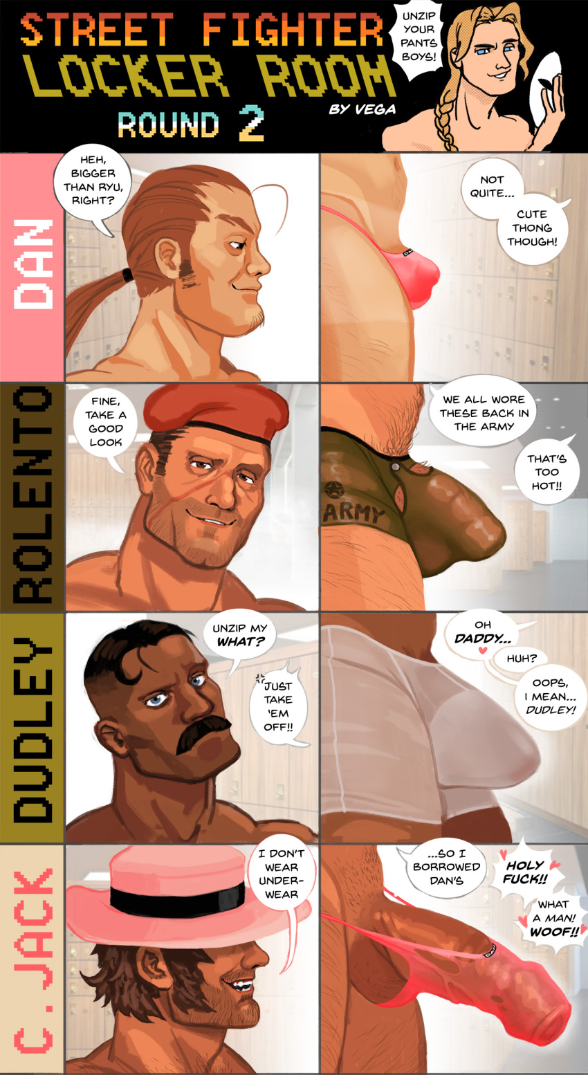 5boys absurdres bara beard_stubble blonde_hair blue_eyes body_hair boxer_briefs braid braided_ponytail briefs brown_eyes brown_hair bulge covered_eyes covered_penis covered_testicles cracker_jack dark-skinned_male dark_skin dudley english_text erection facial_hair foreskin goatee_stubble hat hibiki_dan highres hudsona humiliation large_bulge large_penis leg_hair locker locker_room male_focus male_underwear mask mature_male multiple_boys muscular muscular_male mustache navel navel_hair penis penis_chart penis_size_difference ponytail revealing_clothes rolento scar scar_on_face sideburns_stubble small_penis_humiliation smile speech_bubble street_fighter stubble testicles thick_eyebrows thighs thong torn_underwear underwear underwear_only vega_(street_fighter) veins veiny_penis