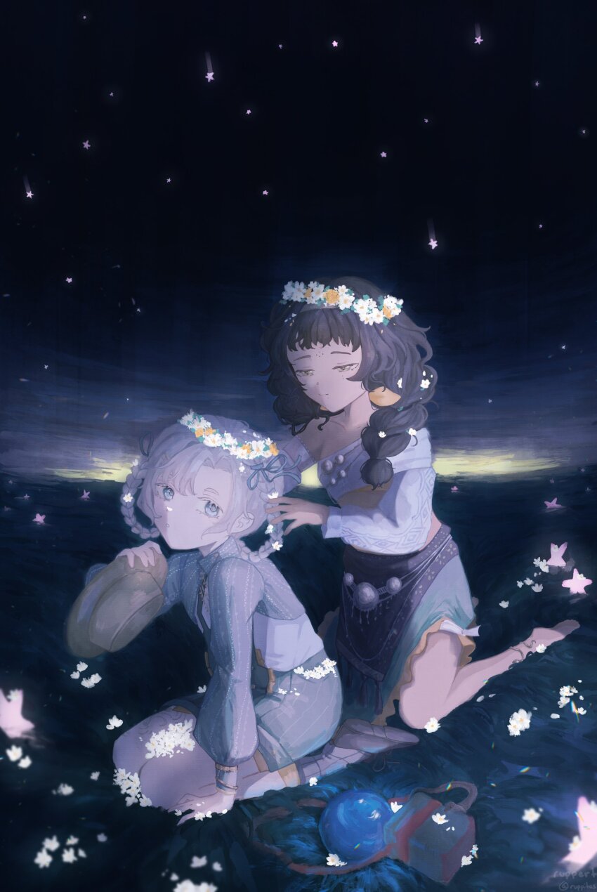 2girls absurdres black_hair blue_eyes braid braided_hair_rings closed_mouth crystal_ball dark_skin flower hair_rings hat highres indian kanjira matilda_bouanich matilda_bouanich_(the_genius&#039;s_holiday) multiple_girls pale_skin reverse:1999 ruppitus side_ponytail twintails white_flower