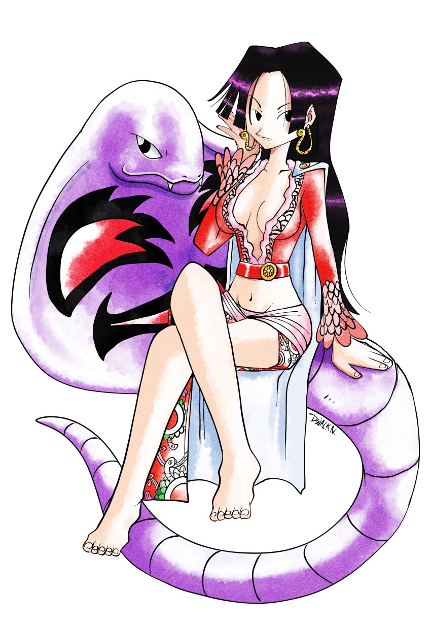 1girl absurdres arbok barefoot boa_hancock breasts cape cleavage commentary crop_top dwalkn earrings english_commentary feet female_focus full_body gen_1_pokemon highres jewelry long_hair long_sleeves navel nintendo one_piece pokemon pokemon_(creature) red_shirt shirt side_slit sidelocks simple_background snake_earrings stomach toes trait_connection white_background white_cape