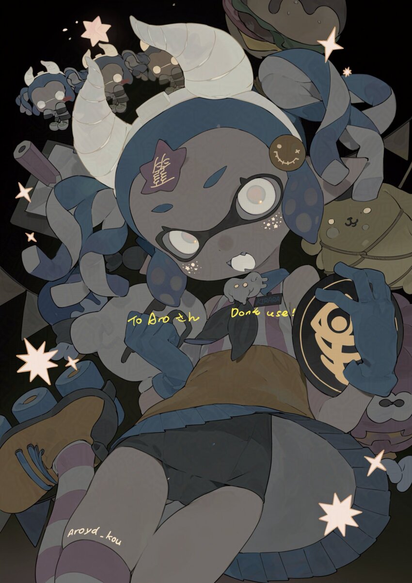 1girl black_neckerchief blue_gloves blue_hair blue_one-piece_swimsuit brown_shoes collared_dress dress fake_horns fangs gloves gluteal_fold golden_egg_(splatoon) gomi20021021 hairband highres holding horn_hairband horns inkling inkling_girl inkling_player_character leg_up multicolored_dress neckerchief nintendo one-piece_swimsuit open_mouth pink_dress pink_thighhighs pointy_ears shoes short_hair short_twintails skindentation solo splatoon_(series) star_sticker sticker_on_face striped_clothes striped_dress striped_thighhighs swimsuit swimsuit_under_clothes tentacle_hair thighhighs twintails two-tone_thighhighs white_dress white_eyes white_hairband white_thighhighs white_tongue