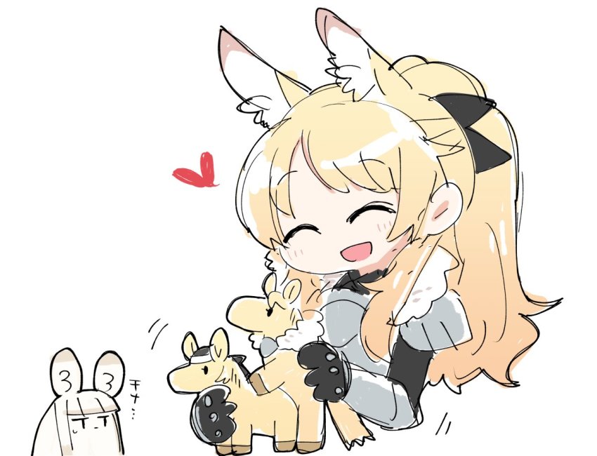 2girls :d ^_^ animalization arknights armor black_bow blemishine_(arknights) blonde_hair bow chibi closed_eyes commentary dog-san extra_ears fur-trimmed_armor fur_trim hair_bow heart implied_incest long_hair motion_lines multiple_girls open_mouth platinum_(arknights) platinum_blonde_hair ponytail simple_background sketch smile symbol-only_commentary t_t whislash_(arknights) white_background
