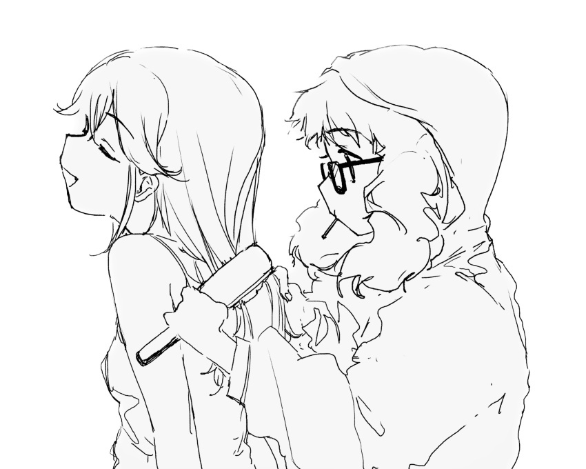 2girls aikatsu! aikatsu!_(series) bad_id bad_twitter_id brushing_another&#039;s_hair brushing_hair closed_eyes from_side greyscale hair_brush highres holding holding_hair_brush hood hood_up inactive_account jacket long_hair long_sleeves looking_at_another monochrome multiple_girls open_mouth otoshiro_seira profile saegusa_kii shirt simple_background smile suiso_(owp) upper_body white_background