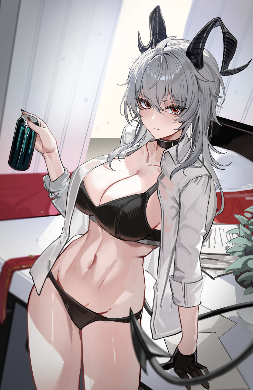 1girl absurdres black_bra black_choker black_gloves black_horns black_panties black_tail bra breasts can choker cleavage closed_mouth collarbone collared_shirt commentary cowboy_shot curled_horns demon_tail drink_can energy_drink gloves grey_hair hair_between_eyes highres holding holding_can horns indoors large_breasts long_hair looking_at_viewer maanu navel open_clothes open_shirt panties paper_stack red_eyes shirt solo stomach tail underwear white_shirt wuthering_waves zani_(wuthering_waves)