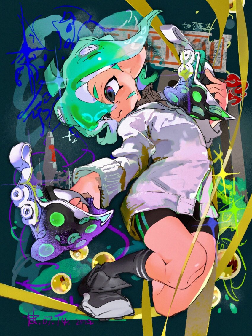 black_eyes black_footwear black_shorts black_socks dated dual_wielding green_hair highres holding holding_weapon long_sleeves nintendo octoling_player_character shirt short_eyebrows short_hair shorts socks splatoon_(series) tentacle_hair tetra_dualies_(splatoon) weapon white_shirt xiaopi_(babaofnoreturn)
