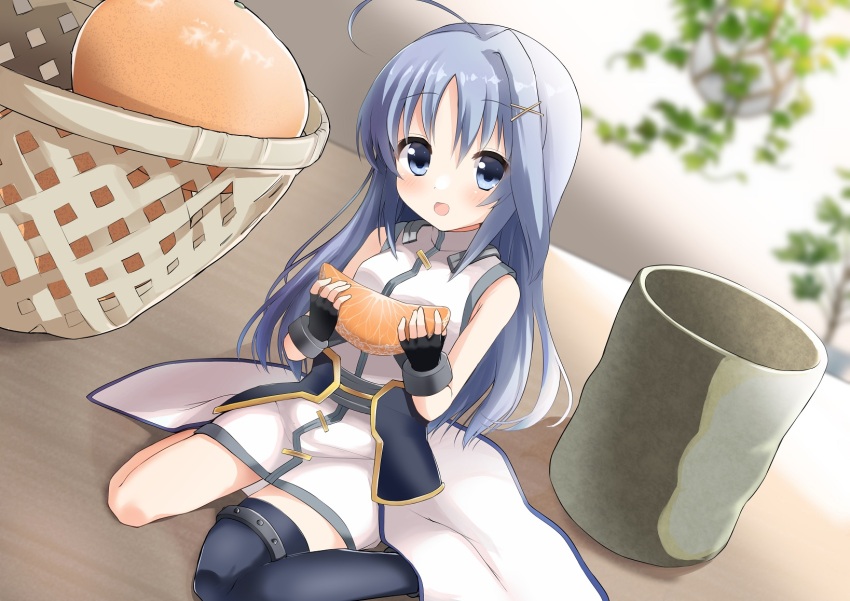 1girl 2022 :d ahoge backlighting black_gloves black_thighhighs blue_eyes blue_hair blurry blurry_background blush commentary commission cup dated_commentary dress dutch_angle fingerless_gloves food fruit gloves hair_ornament hands_up happy highres holding holding_food holding_fruit huge_ahoge indoors long_hair looking_at_viewer lyrical_nanoha mandarin_orange mandarin_orange_slice open_mouth parted_bangs reinforce_zwei single_hair_intake single_thighhigh sitting skeb_commission sleeveless sleeveless_dress smile solo takepoison thighhighs very_long_hair wariza white_dress x_hair_ornament zettai_ryouiki