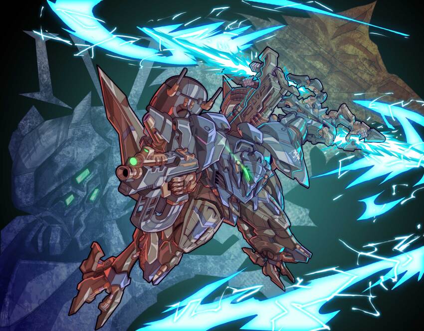 armored_core armored_core_vi:_fires_of_rubicon black_background chibi electricity energy_blade extra_eyes eye_trail glowing glowing_eyes green_eyes gun highres holding holding_gun holding_weapon light_trail looking_to_the_side mecha no_humans reverse-jointed_legs robot science_fiction steel_haze steel_haze_ortus uungunover v.iv_rusty weapon