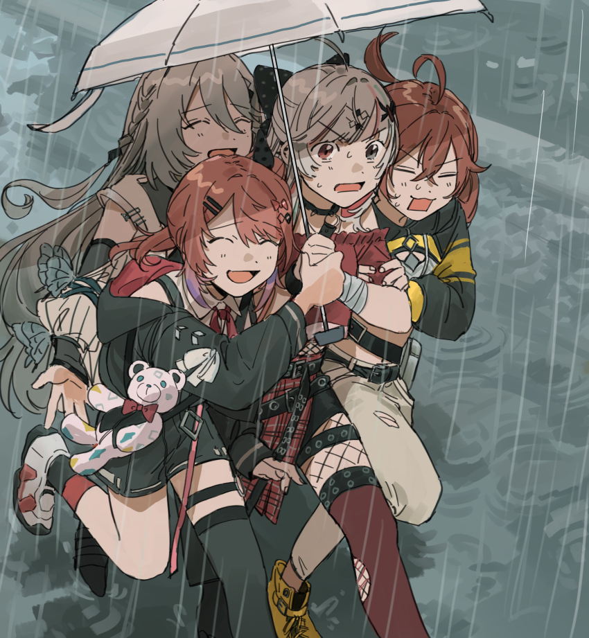 ahoge black_choker bow choker closed_eyes grey_hair hair_bow hair_ornament hairclip heterochromia highres holding holding_umbrella ishigami_nozomi ishigami_nozomi_(1st_costume) koinko_(hunjinwashow) kuramochi_meruto kuramochi_meruto_(1st_costume) long_hair multicolored_hair nijisanji open_mouth orange_hair pants pink_hair rain running shared_umbrella shishido_akari shishido_akari_(1st_costume) sophia_valentine sophia_valentine_(1st_costume) streaked_hair thighhighs umbrella virtual_youtuber