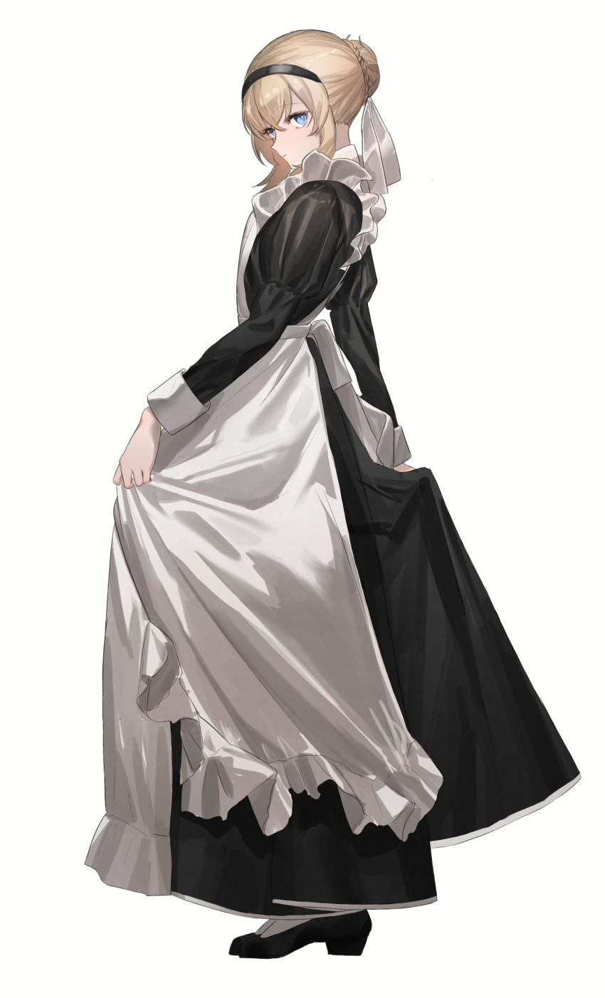 1girl absurdres apron black_dress black_footwear black_hairband blonde_hair blue_eyes braid celestine_(letmebid) closed_mouth commission cross-shaped_pupils dress from_side full_body hair_ornament hair_ribbon hairband highres long_sleeves looking_at_viewer maid maid_apron original pixiv_commission ribbon sawatani_(_swt2) simple_background solo standing symbol-shaped_pupils white_apron white_background white_ribbon