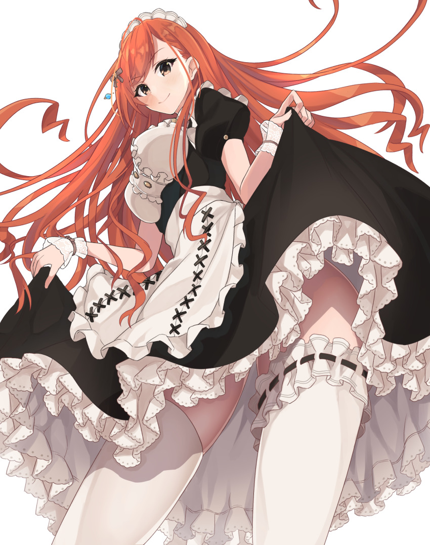 1girl antenna_hair apron arisugawa_natsuha black_bow blush bow breasts brown_eyes center_frills clothes_lift dress female_focus frilled_thigh_strap frills from_below hair_bow hair_over_shoulder headdress highres idolmaster idolmaster_shiny_colors lace large_breasts lifting_own_clothes long_hair maid maid_apron maid_headdress orange_hair ribbon_trim shirousagi_una short_sleeves simple_background skirt skirt_lift smile solo thigh_strap thighhighs white_background white_thighhighs wrist_cuffs