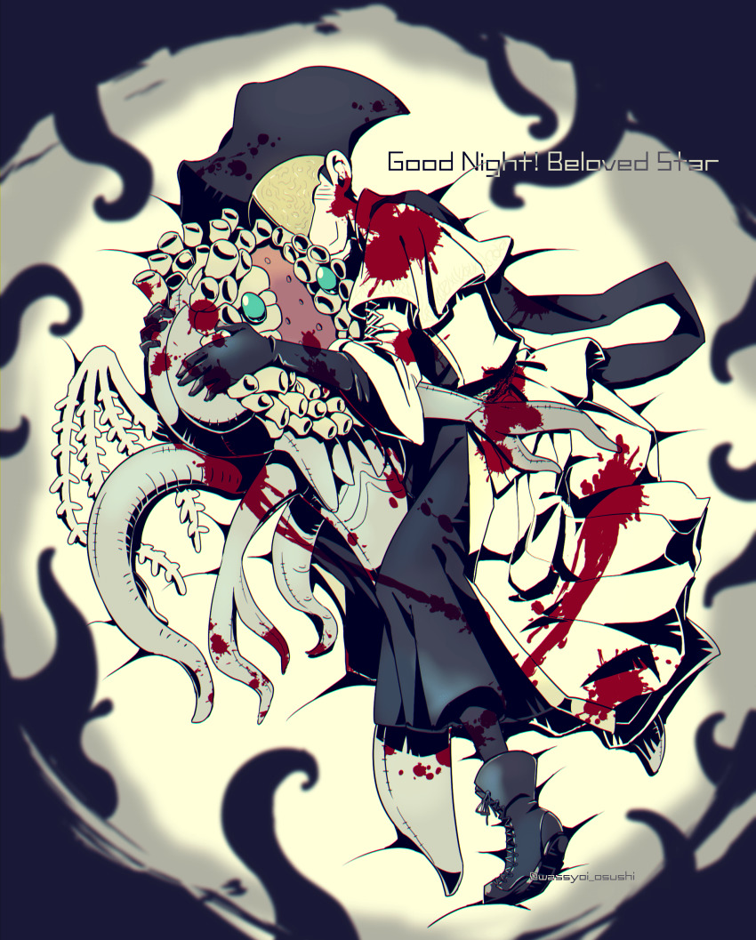 1girl absurdres alien ambiguous_gender blindfold blood bloodborne blush boots collared_dress covered_eyes dress ebrietas_daughter_of_the_cosmos eldritch_abomination gloves hat highres smile tentacles wassyoi yurie_the_last_scholar